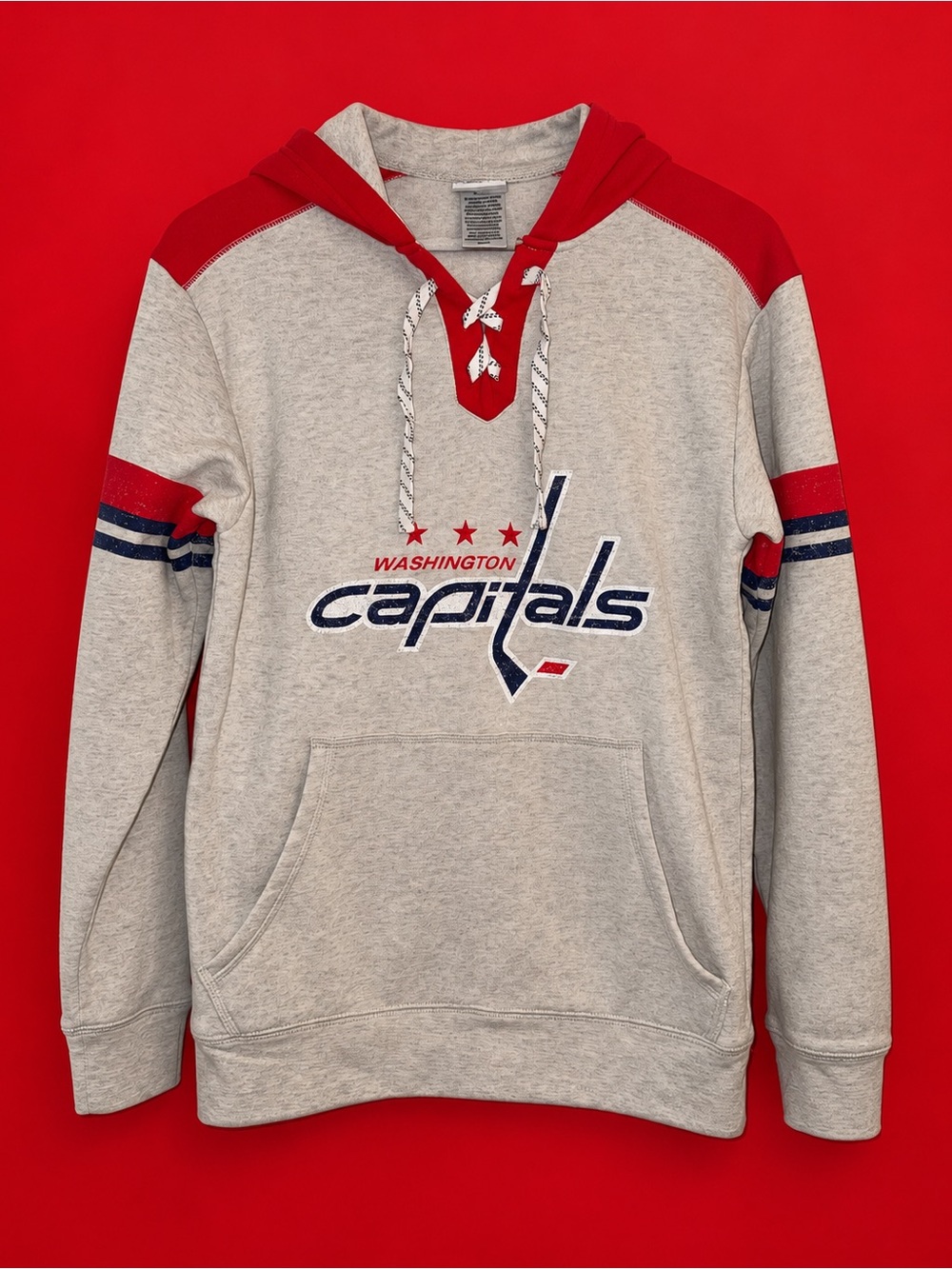 Washington Capitals NHL Lace Up Hoodie Gray Red Hockey Pullover Sweatshirt